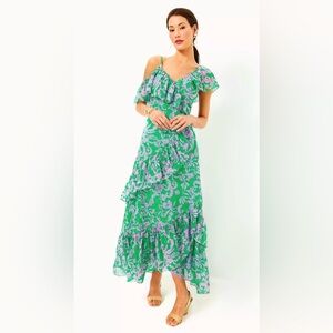 Lilly Pulitzer Rosalynn Ruffle Maxi Dress in the Brazilian Green Salty Sandbar